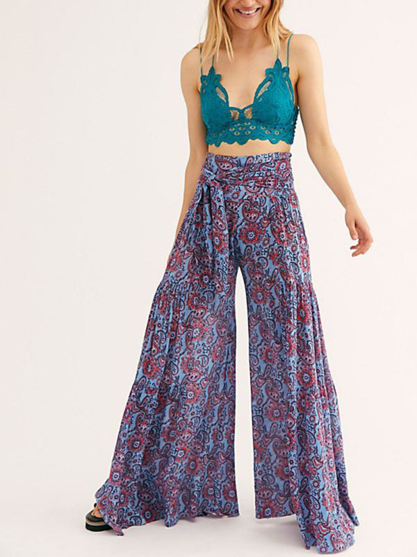 Women's printed loose casual holiday wind strappy wide-leg pants