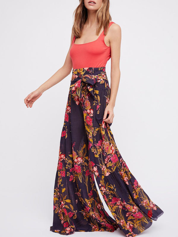 Women's printed loose casual holiday wind strappy wide-leg pants