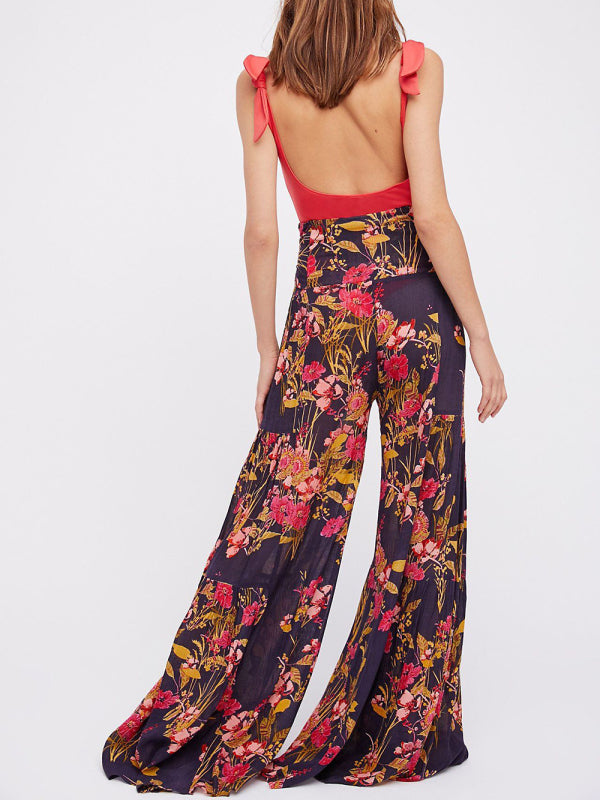 Women's printed loose casual holiday wind strappy wide-leg pants