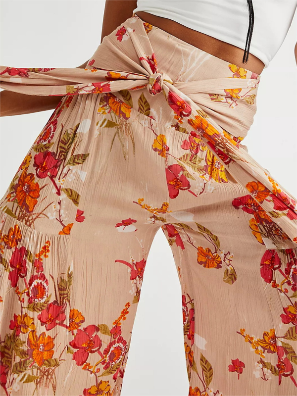 Women's printed loose casual holiday wind strappy wide-leg pants