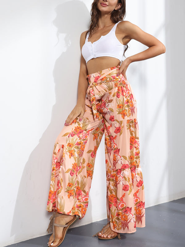 Women's printed loose casual holiday wind strappy wide-leg pants