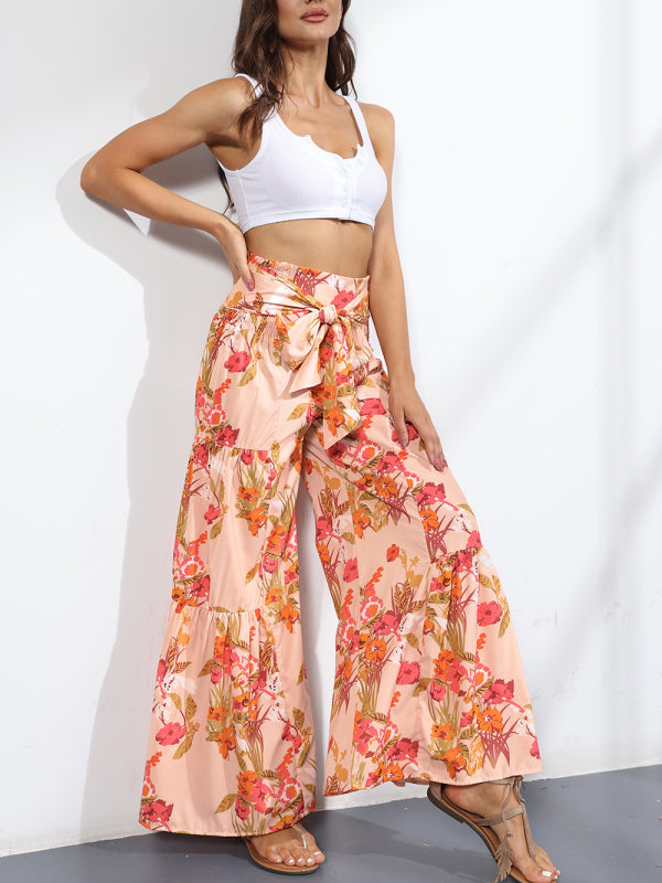 Women's printed loose casual holiday wind strappy wide-leg pants