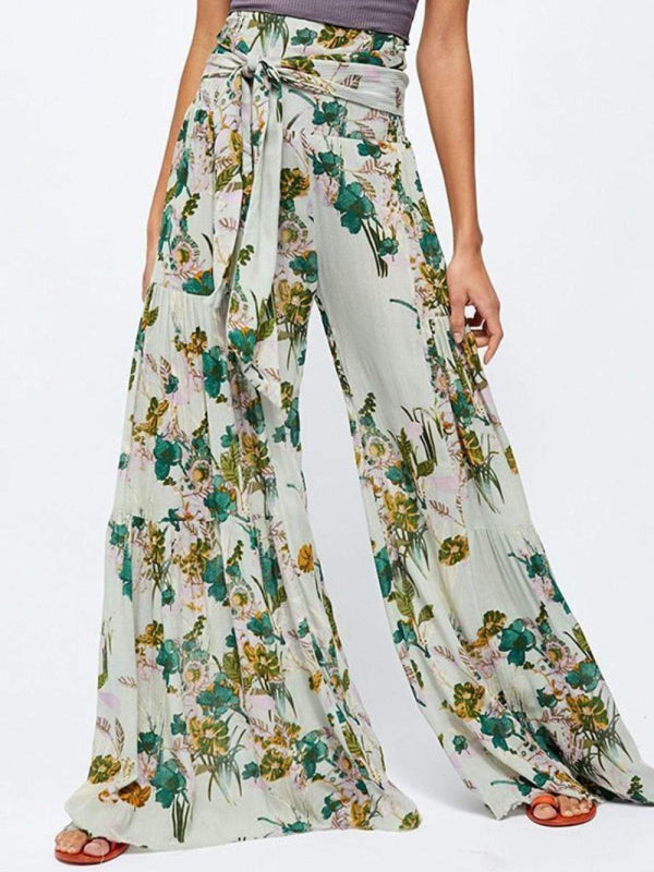 Women's printed loose casual holiday wind strappy wide-leg pants