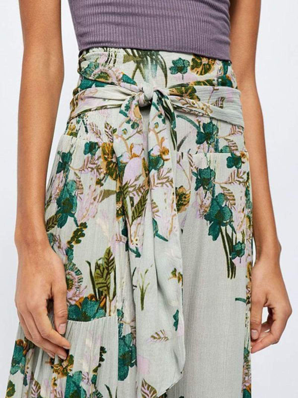 Women's printed loose casual holiday wind strappy wide-leg pants