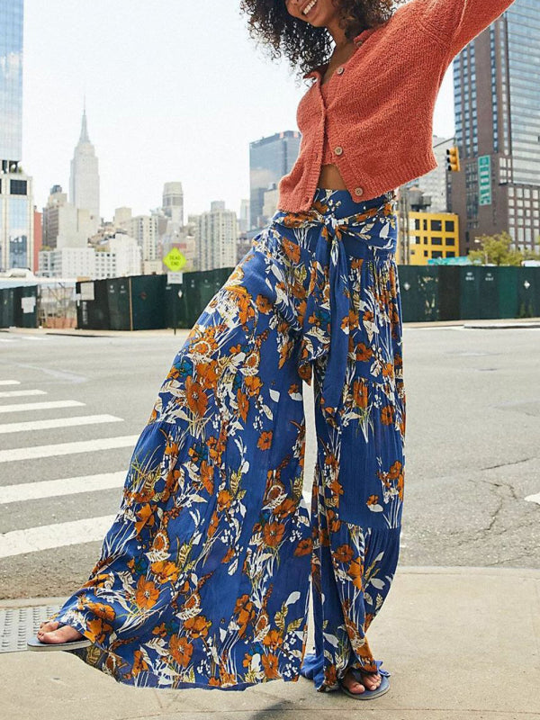 Women's printed loose casual holiday wind strappy wide-leg pants