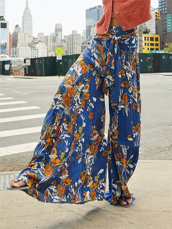 Women's printed loose casual holiday wind strappy wide-leg pants