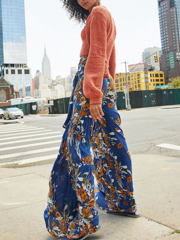 Women's printed loose casual holiday wind strappy wide-leg pants
