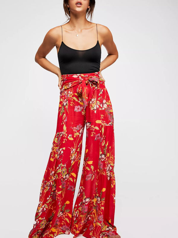 Women's printed loose casual holiday wind strappy wide-leg pants