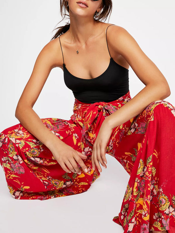 Women's printed loose casual holiday wind strappy wide-leg pants