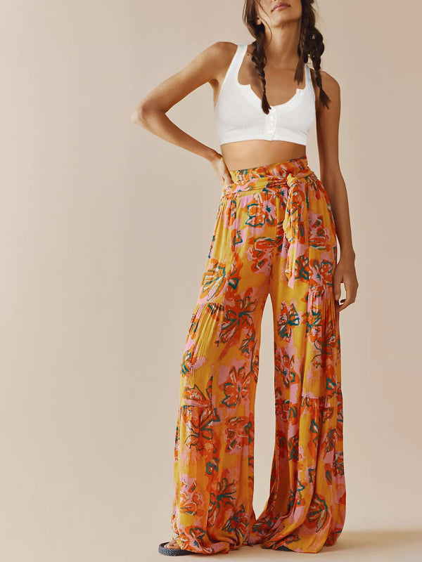 Women's printed loose casual holiday wind strappy wide-leg pants