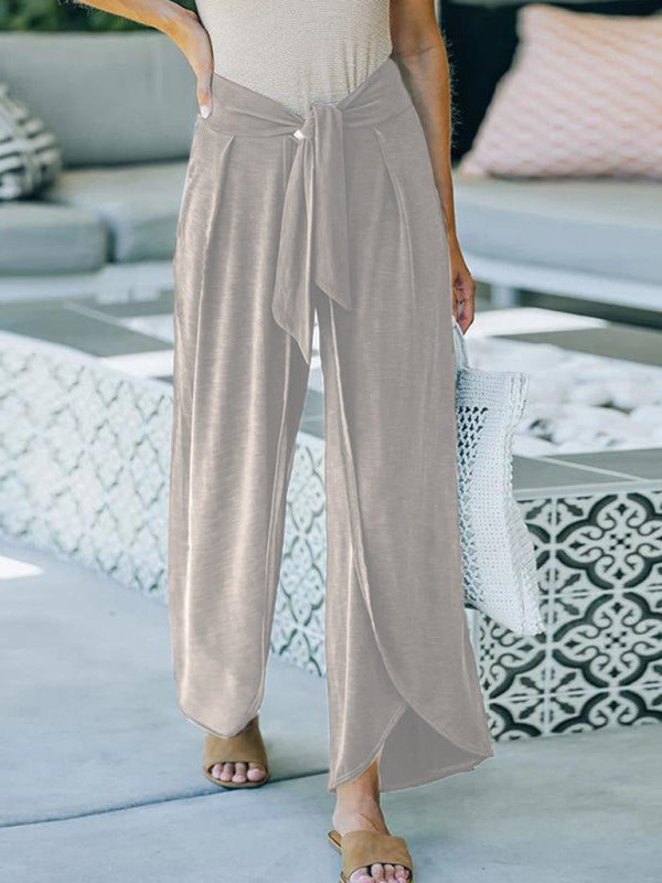 Loose Slacks Belt Knotted Wide-Leg Pants Knitted Trousers