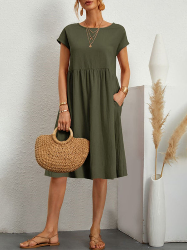 Women's Solid Color Round Neck A-Line Dress