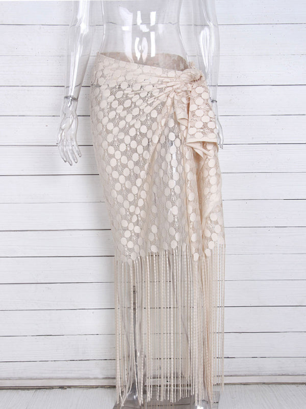 Women's hollow beach lace fringed blouse skirt