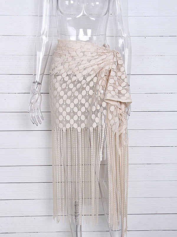 Women's hollow beach lace fringed blouse skirt