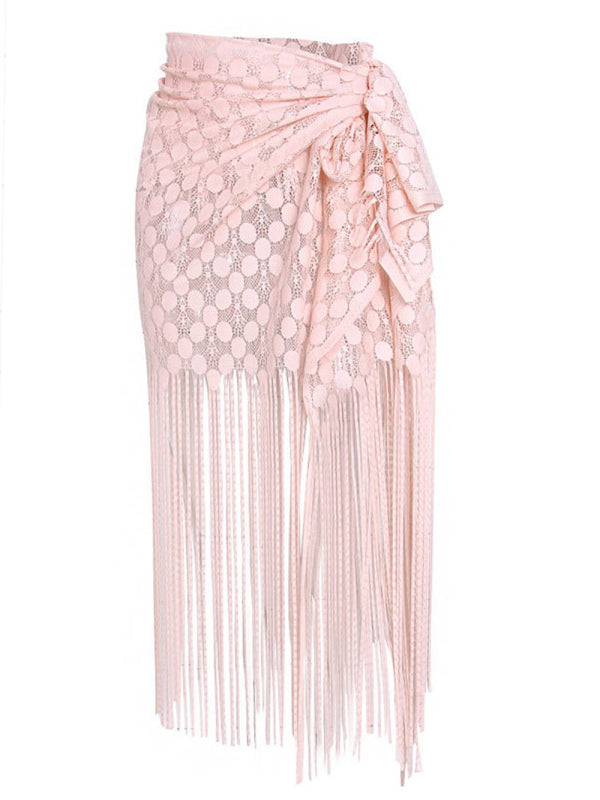Women's hollow beach lace fringed blouse skirt
