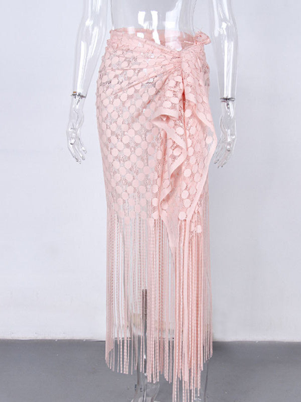 Women's hollow beach lace fringed blouse skirt