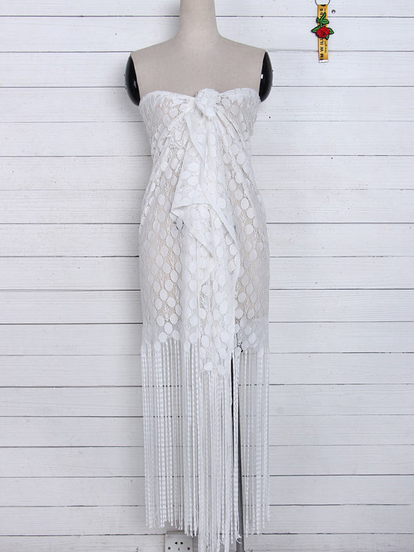 Women's hollow beach lace fringed blouse skirt