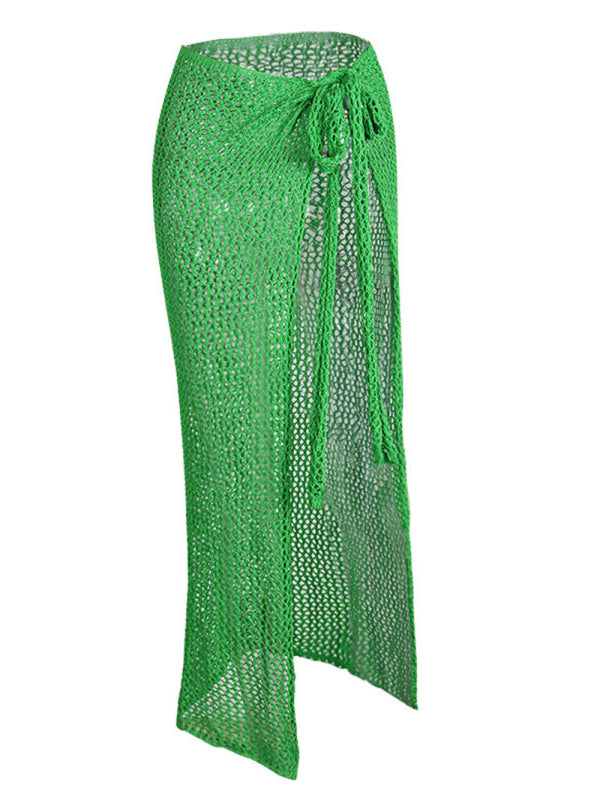 Women's hollow tie knitted floor mopping skirt