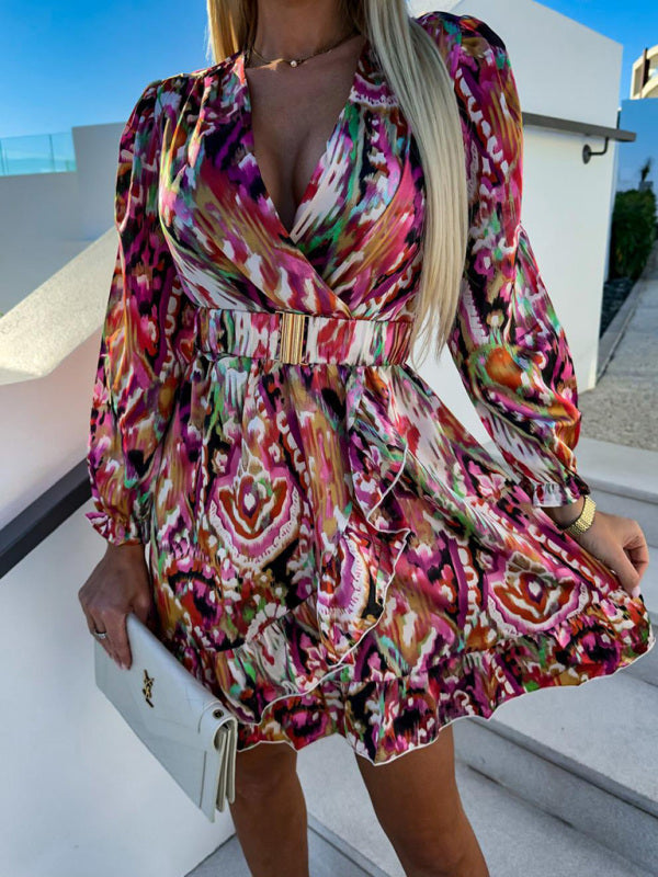 Fashionable new print waist V-neck long-sleeved dress