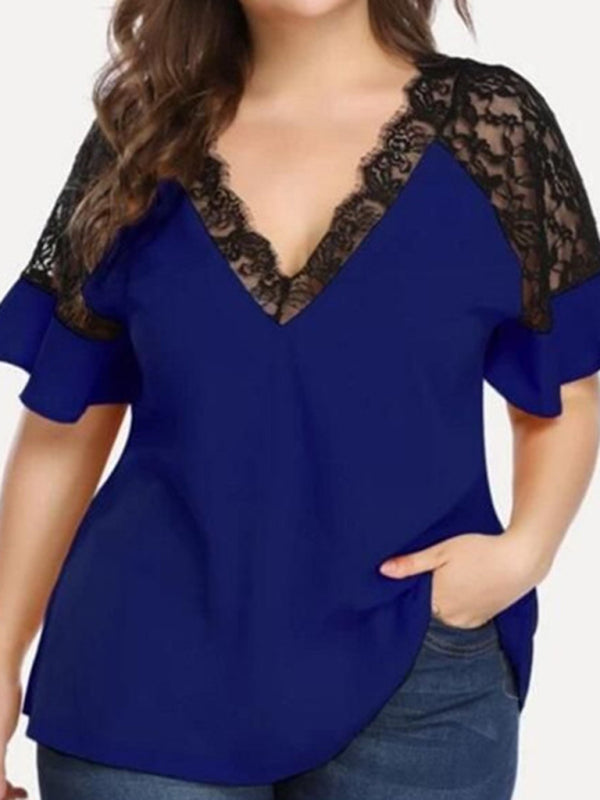 V-neck Short-Sleeved Women's Stitching Lace Solid Colour Top