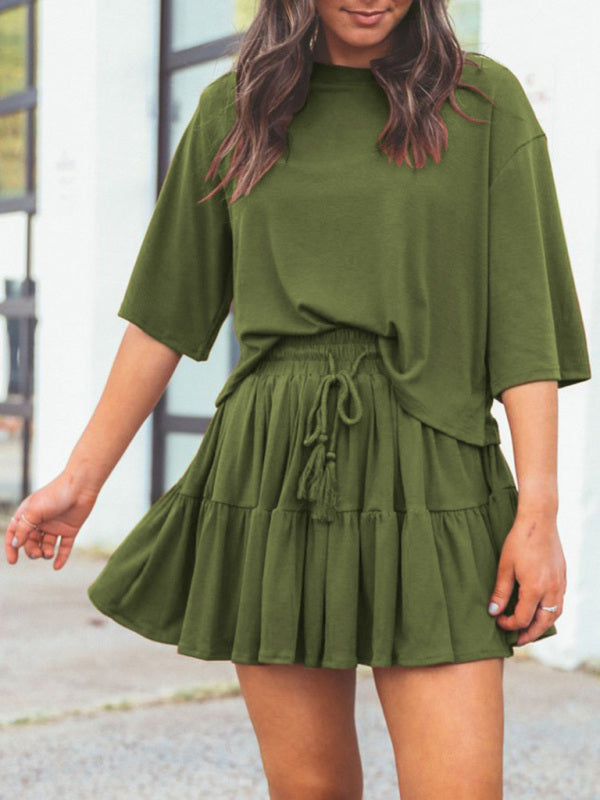 Women's casual home short-sleeved loose round neck top pleated skirt two-piece set