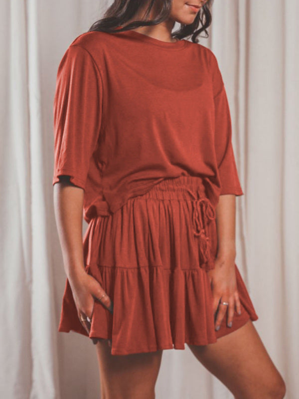 Women's casual home short-sleeved loose round neck top pleated skirt two-piece set