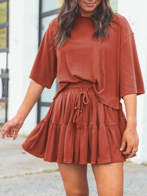 Women's casual home short-sleeved loose round neck top pleated skirt two-piece set