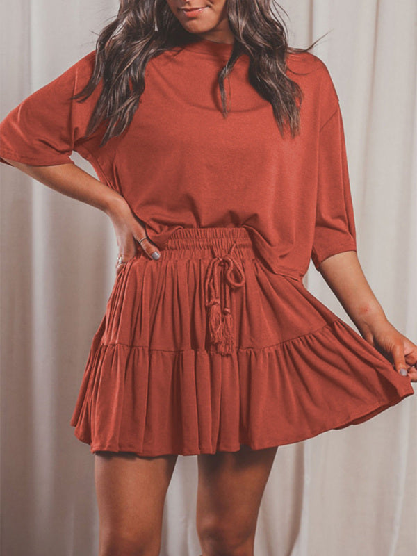 Women's casual home short-sleeved loose round neck top pleated skirt two-piece set