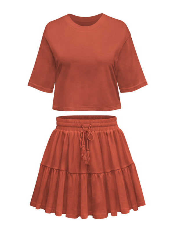 Women's casual home short-sleeved loose round neck top pleated skirt two-piece set