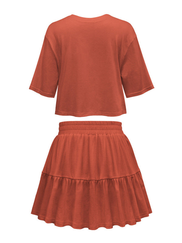 Women's casual home short-sleeved loose round neck top pleated skirt two-piece set