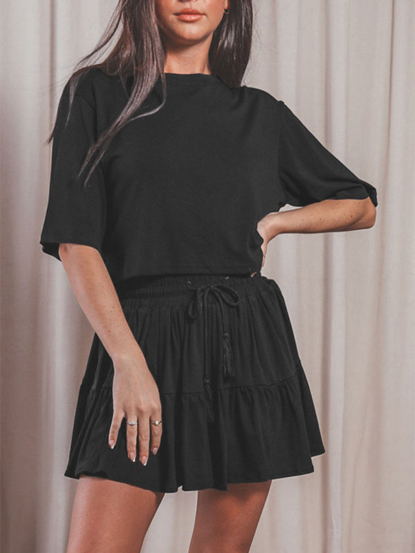 Women's casual home short-sleeved loose round neck top pleated skirt two-piece set