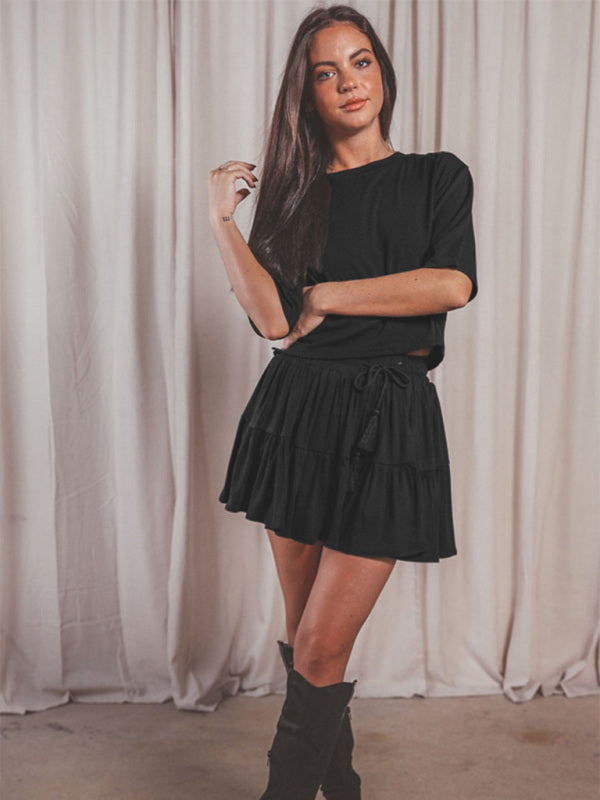 Women's casual home short-sleeved loose round neck top pleated skirt two-piece set