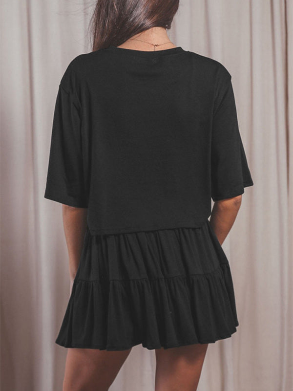 Women's casual home short-sleeved loose round neck top pleated skirt two-piece set