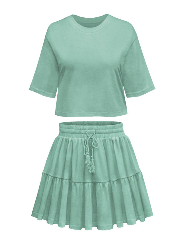 Women's casual home short-sleeved loose round neck top pleated skirt two-piece set