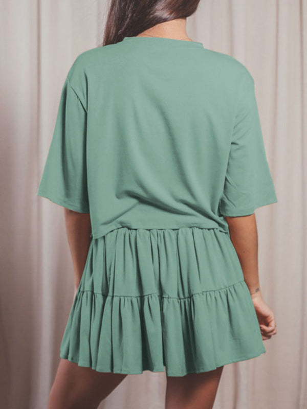Women's casual home short-sleeved loose round neck top pleated skirt two-piece set
