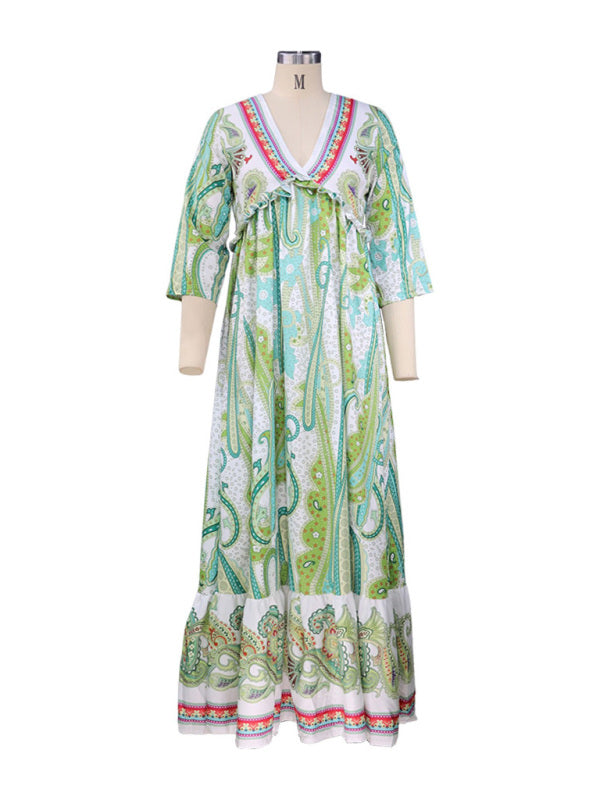Women's Long Sleeve V-Neck Bohemian Print Dress