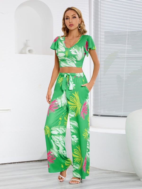 Tropical Print Crop Top & Pants Set