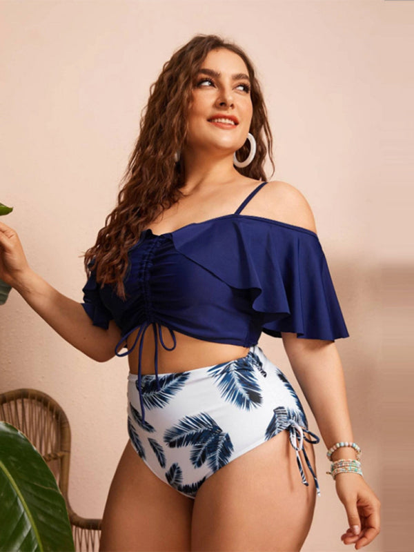 Drawstring Ruffle Bikini One Shoulder Strap High Waist Swimsuit Set