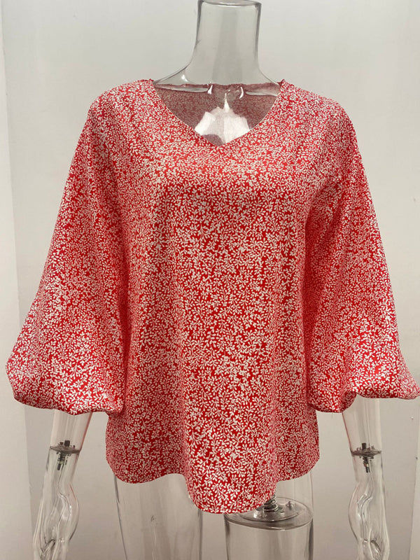 V-neck casual shirt printed lantern sleeve top women's clothing