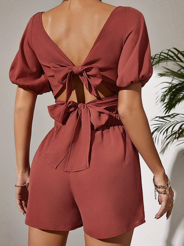 Lantern sleeve big V-neck short strappy top shorts
