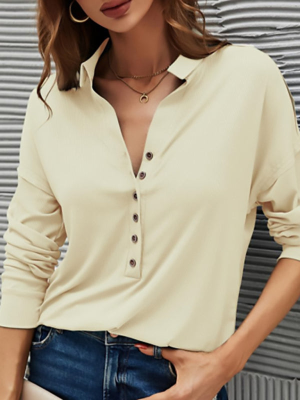 New solid color pit strip V-neck button top t-shirt