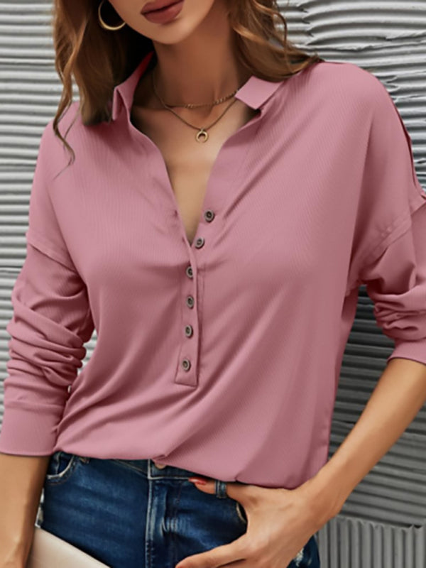 New solid color pit strip V-neck button top t-shirt