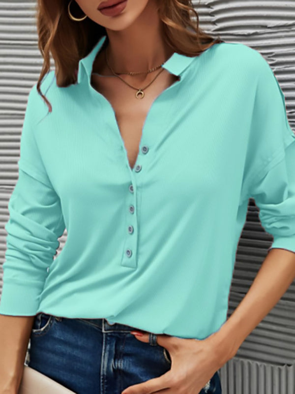 New solid color pit strip V-neck button top t-shirt