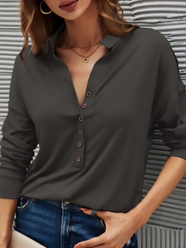 New solid color pit strip V-neck button top t-shirt