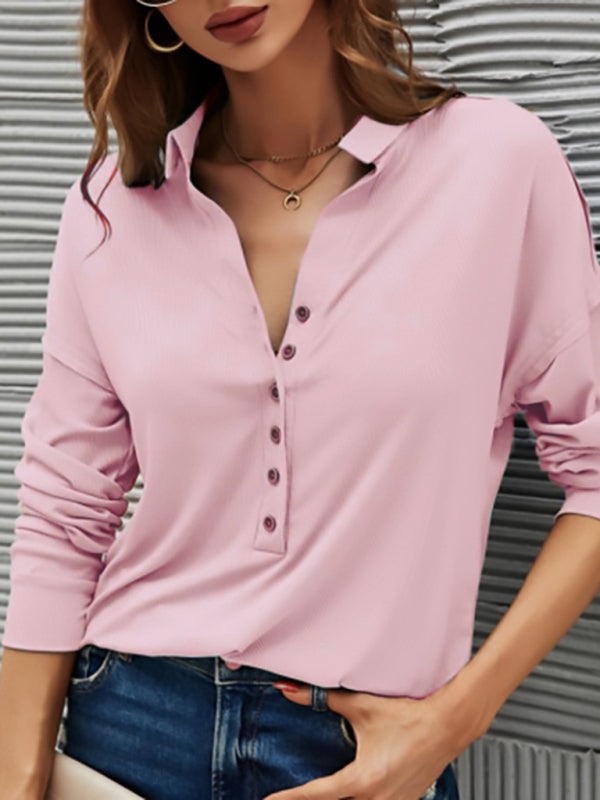 New solid color pit strip V-neck button top t-shirt