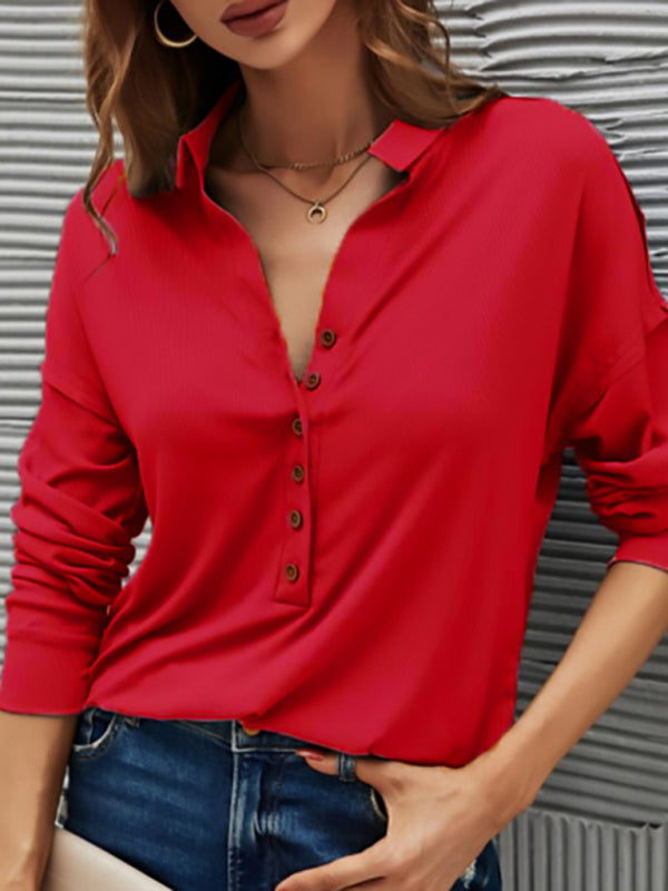 New solid color pit strip V-neck button top t-shirt