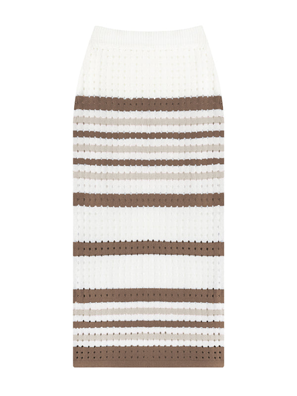 Women's Striped Hollow Short Vest + Slit Long Skirt Two-Piece Suit