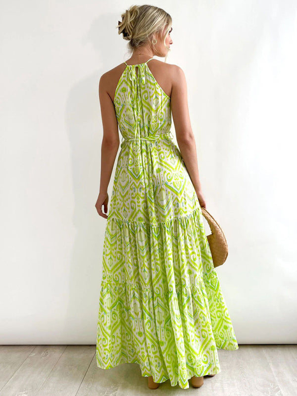 Women's Elegant Geometric Print Halter Neck Sleeveless Dress