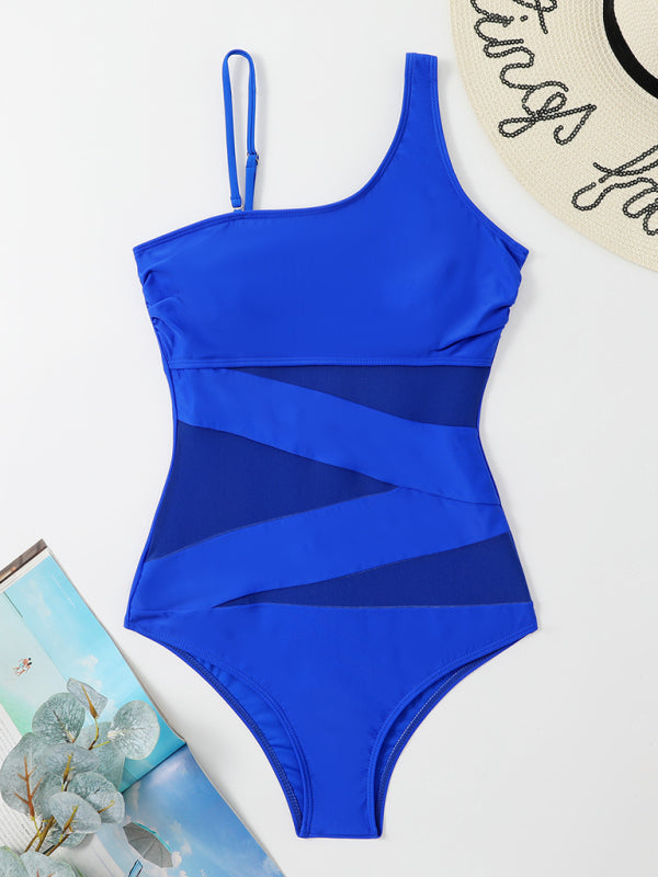 Splicing gauze one-piece swimsuit with oblique shoulder