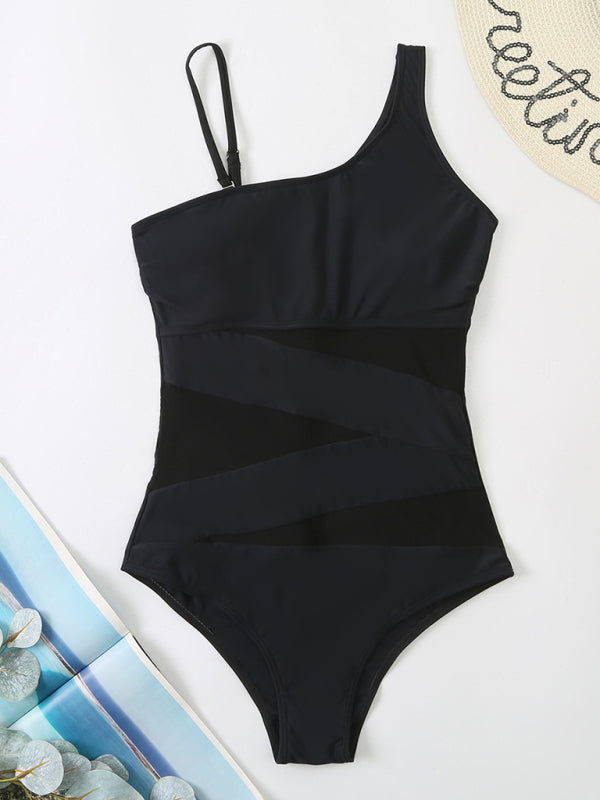 Splicing gauze one-piece swimsuit with oblique shoulder